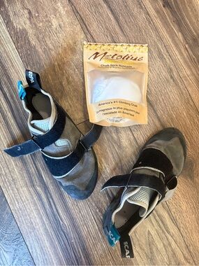 Scarpa climbing shoes and chalk sock